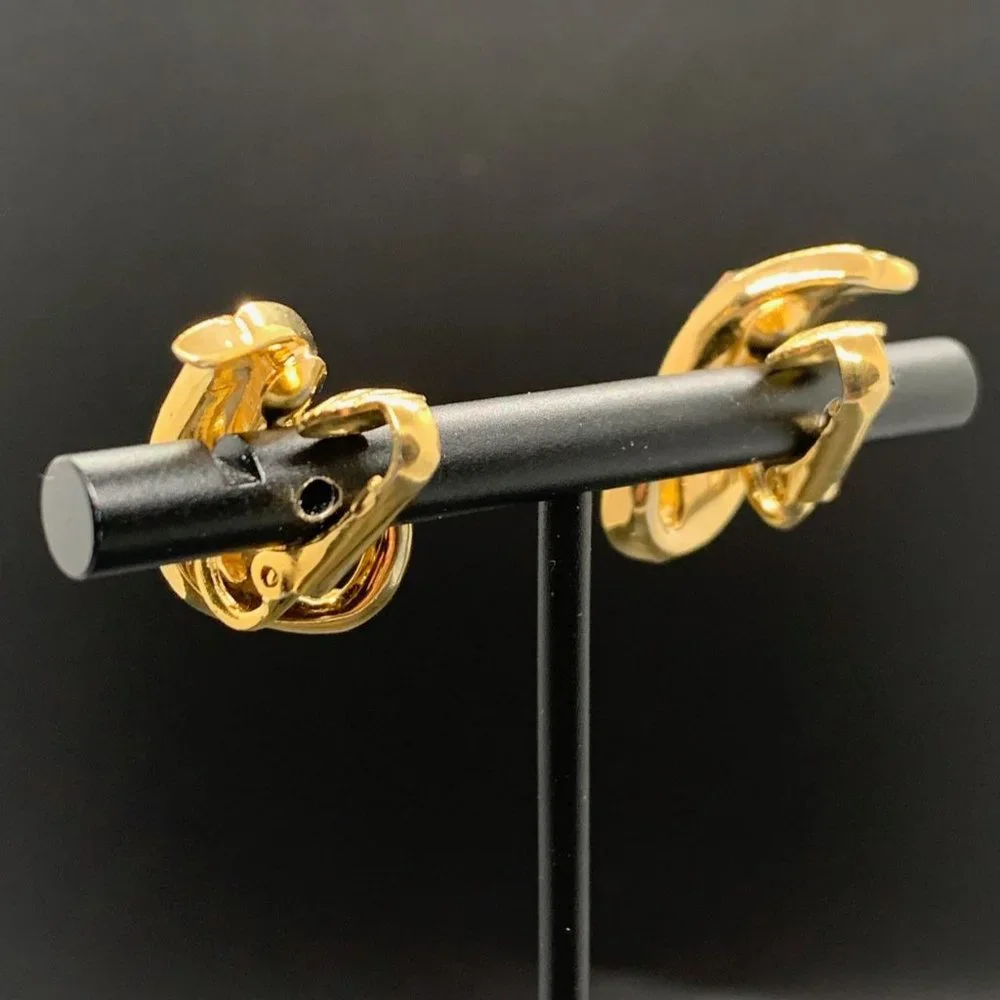 NOS D'Orlan Vintage Gold Plated Brown Crystal Baguette Clip On Earrings 1" - Picture 4 of 5